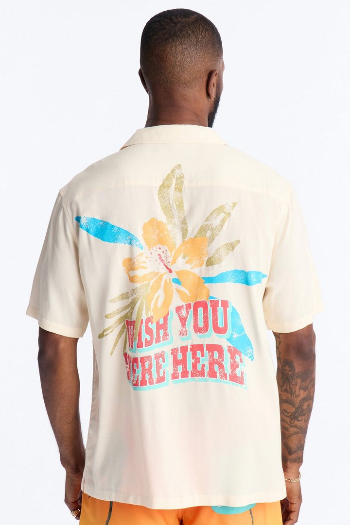 Wish You Were Here Postcard Short Sleeve Cuban Collar Shirt - Cream