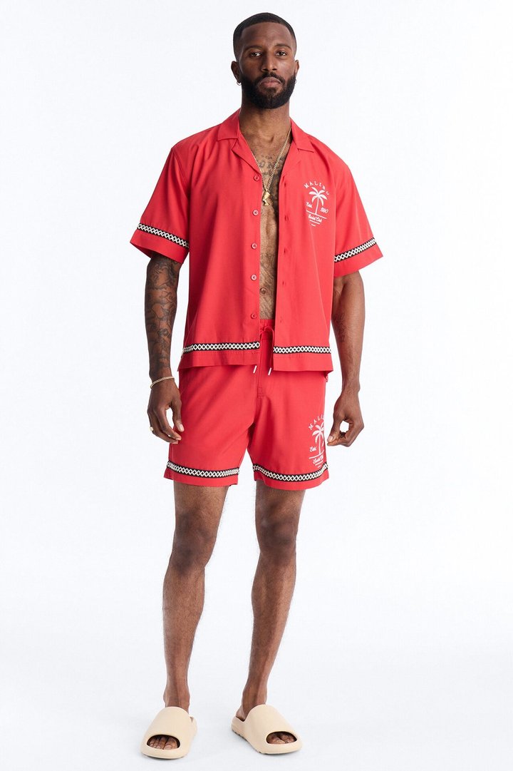 Relaxed Malibu Social Club Cuban Collar Button Up Shirt - Red