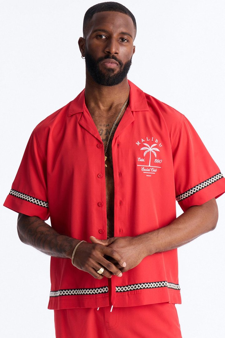 Relaxed Malibu Social Club Cuban Collar Button Up Shirt - Red