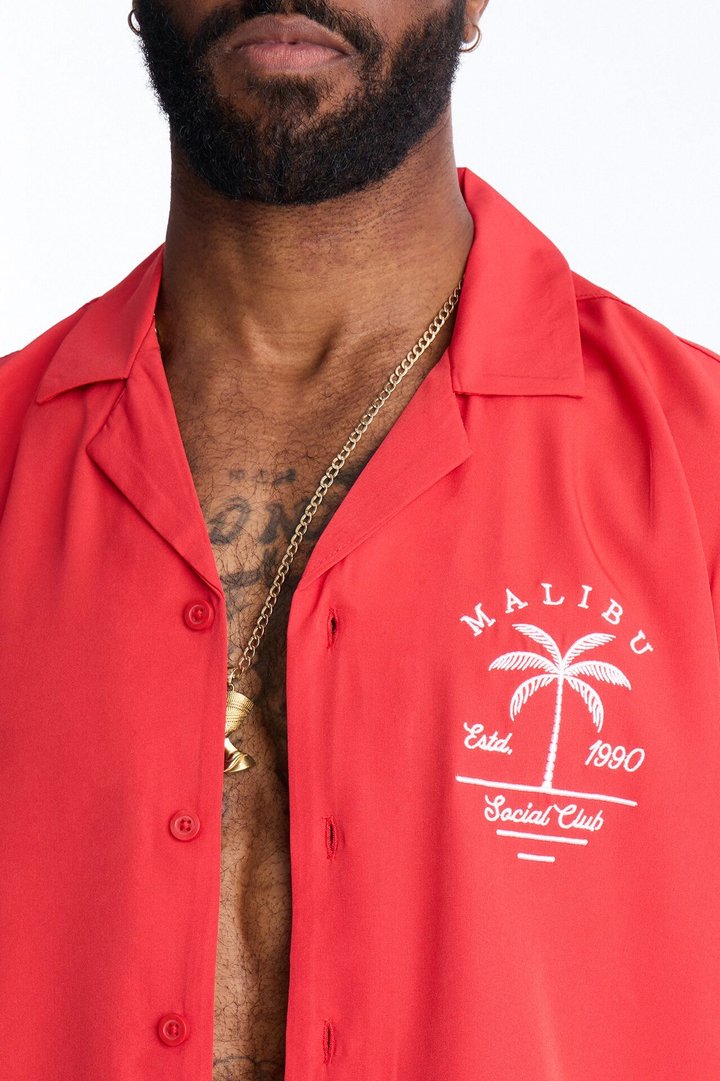 Relaxed Malibu Social Club Cuban Collar Button Up Shirt - Red