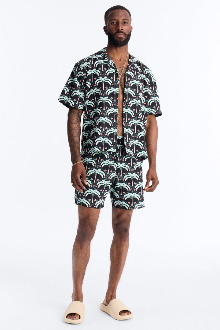 Relaxed Palm Mandala Cuban Collar Button Up Shirt - Black/Green