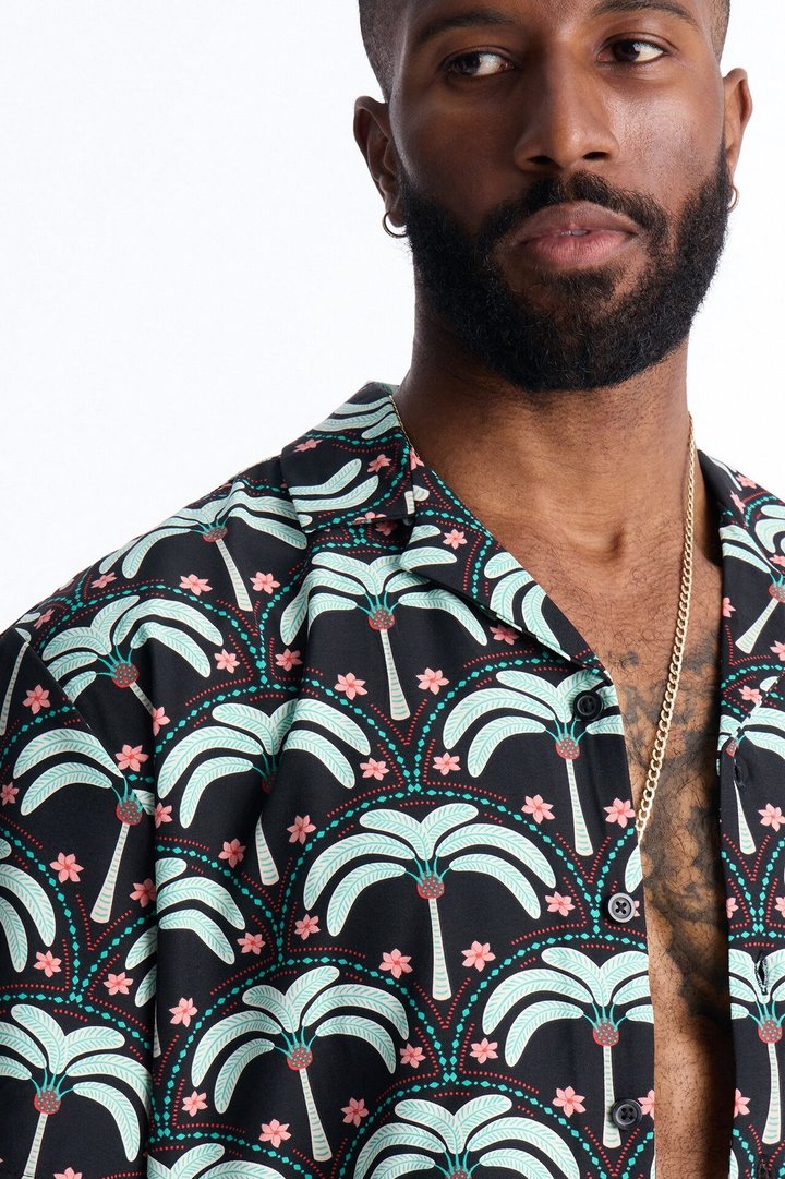 Relaxed Palm Mandala Cuban Collar Button Up Shirt - Black/Green