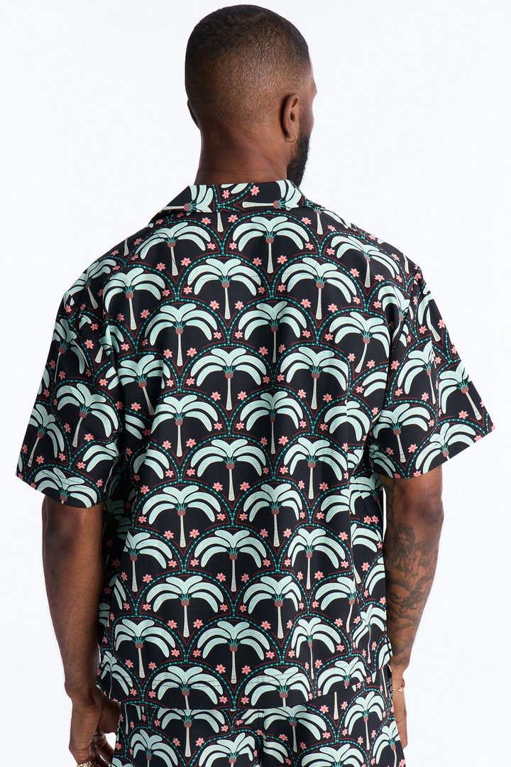 Relaxed Palm Mandala Cuban Collar Button Up Shirt - Black/Green