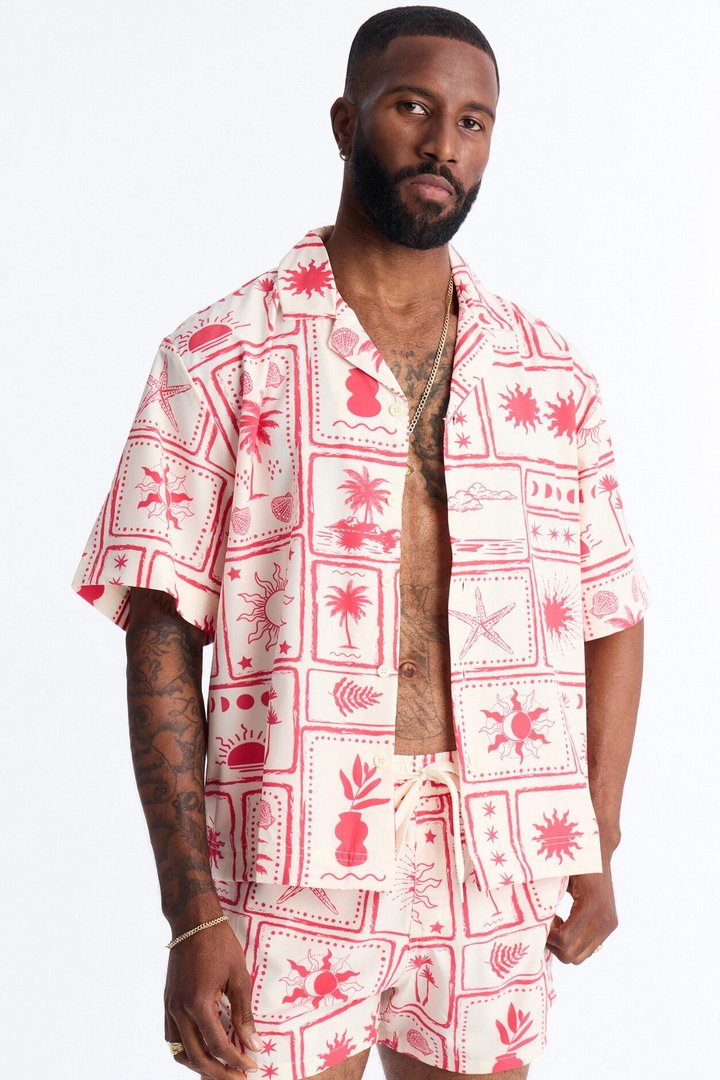 Relaxed Vacation Motif Cuban Collar Button Up Shirt - Red