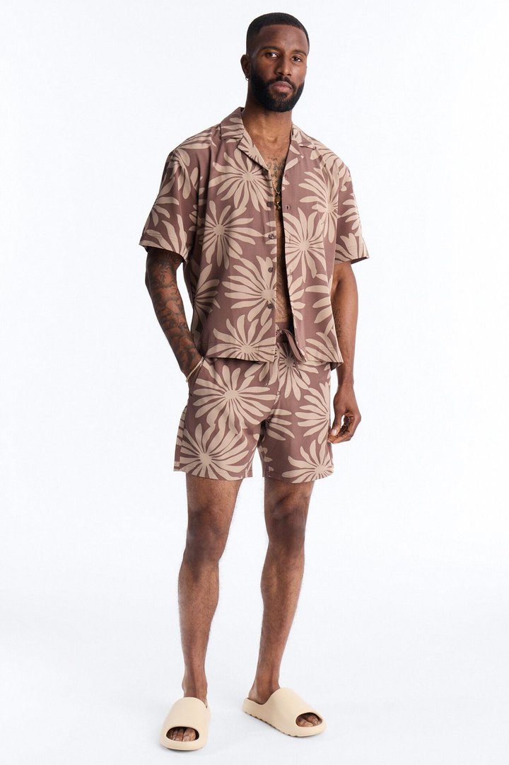 Relaxed Tulum Bloom Cuban Collar Button Up Shirt - Brown