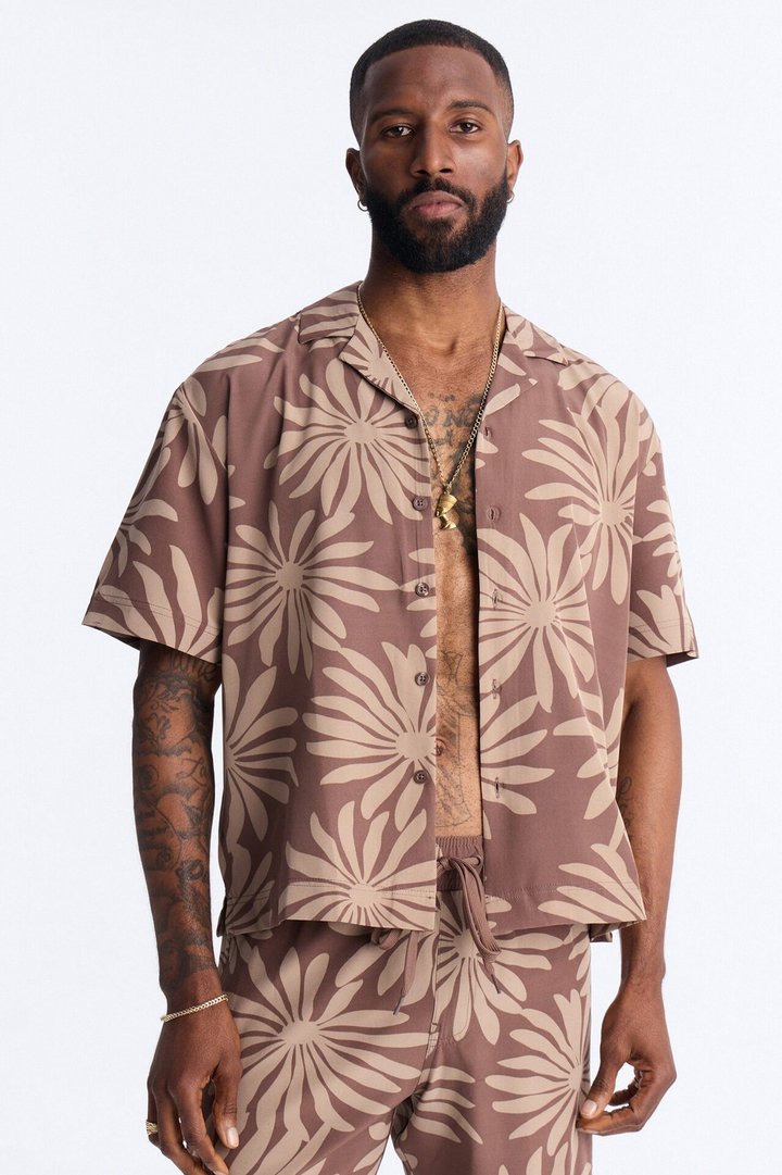 Relaxed Tulum Bloom Cuban Collar Button Up Shirt - Brown