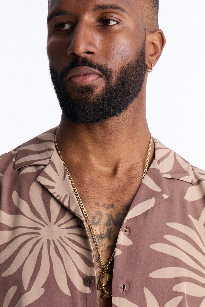 Relaxed Tulum Bloom Cuban Collar Button Up Shirt - Brown