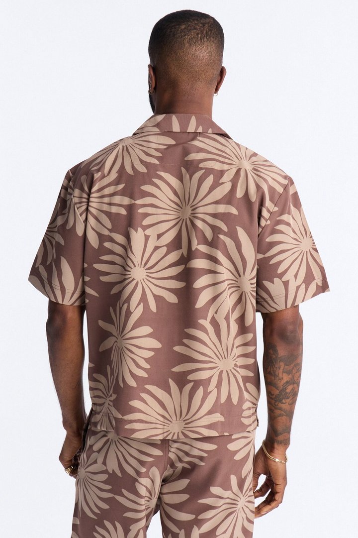 Relaxed Tulum Bloom Cuban Collar Button Up Shirt - Brown