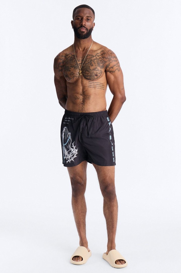 Relaxed God Bless It Swim Trunk 4″ - Black