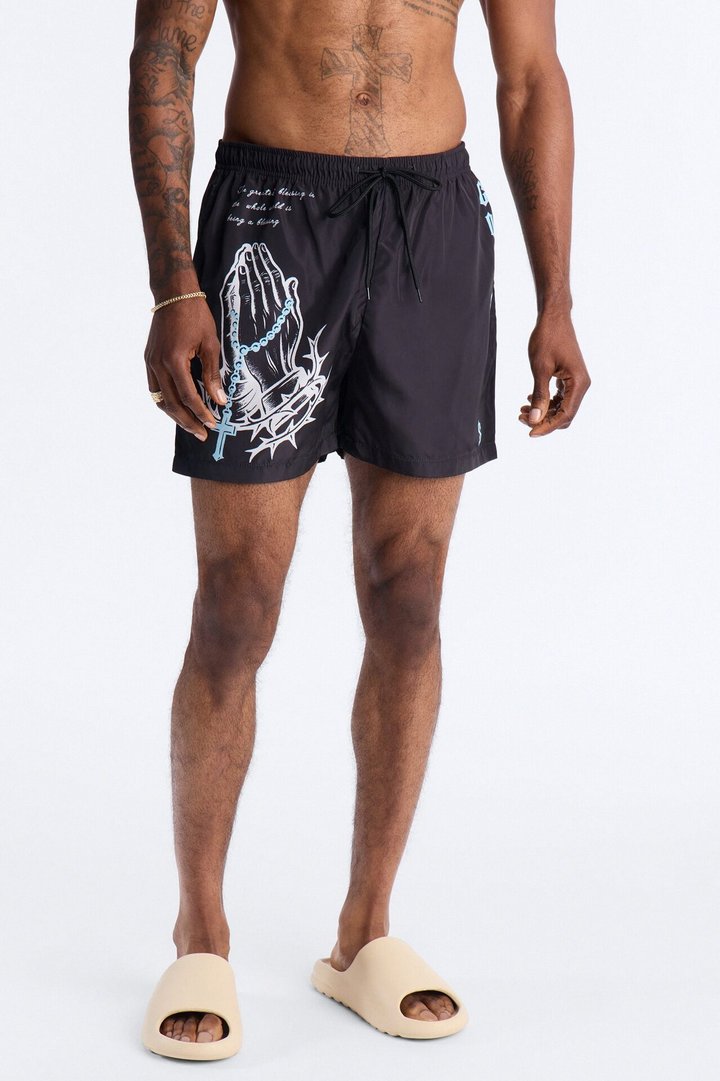 Relaxed God Bless It Swim Trunk 4″ - Black