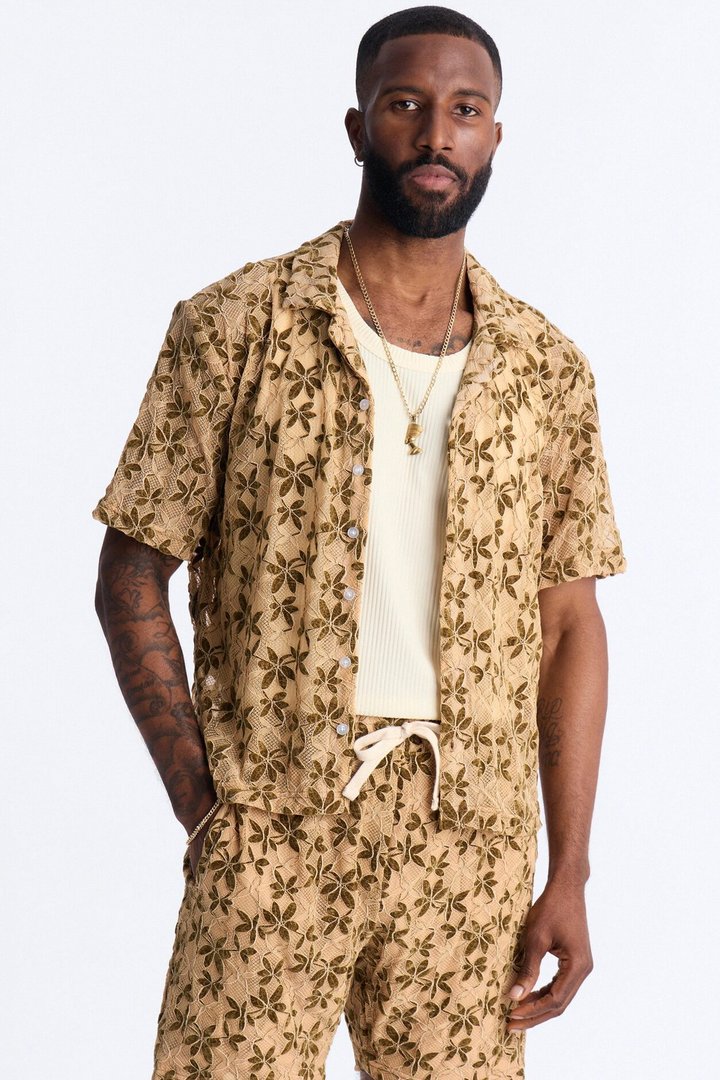 Cabo Canopy Cuban Collar Shirt - Tan/Multi