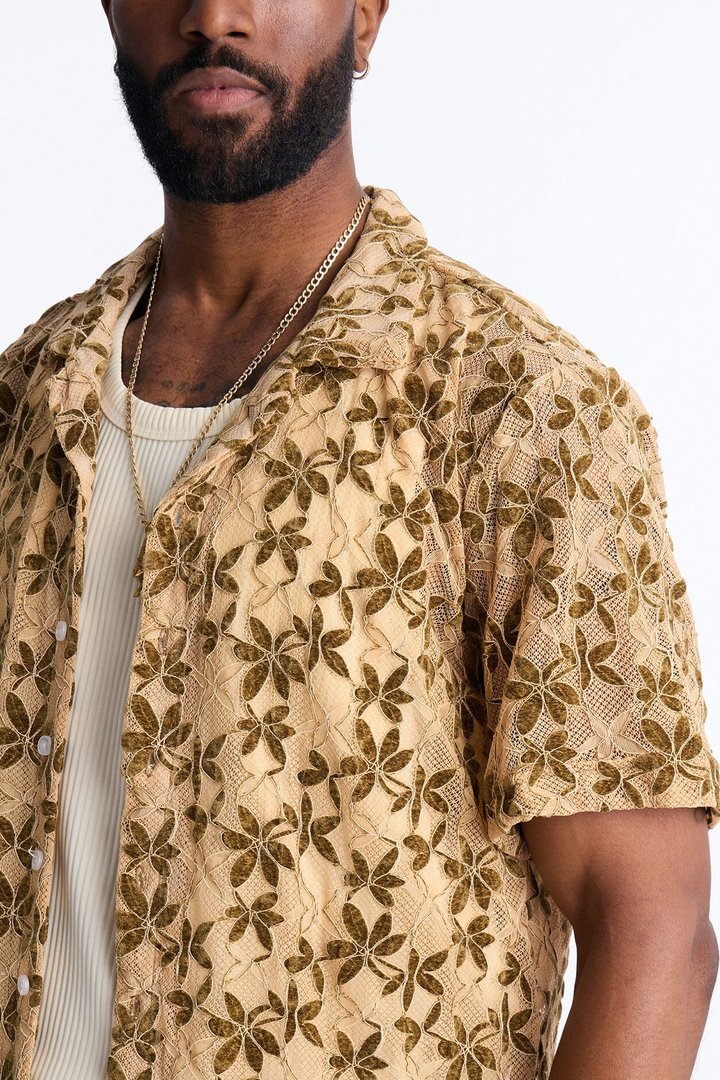 Cabo Canopy Cuban Collar Shirt - Tan/Multi