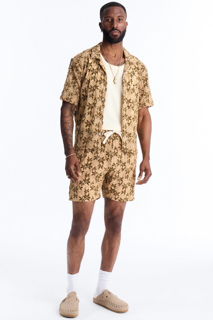 Cabo Canopy Cuban Collar Shirt - Tan/Multi