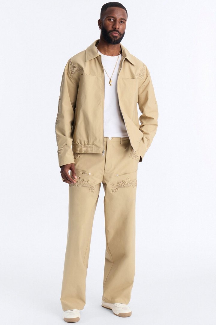 Delaro Embroidered Baggy Pant - Khaki