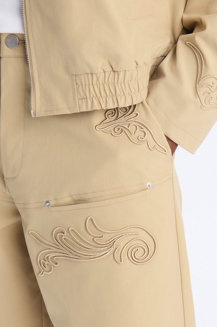 Delaro Embroidered Baggy Pant - Khaki