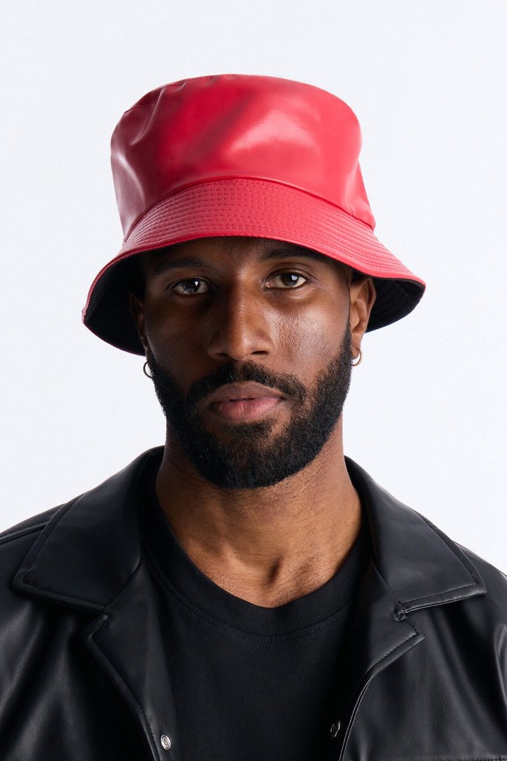 Faux Leather Bucket Hat - Red