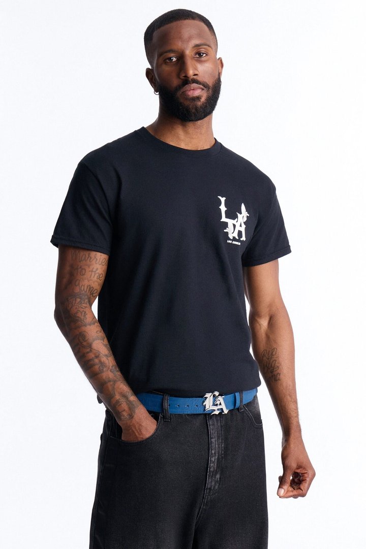 LA Embossed Faux Leather Belt - Navy/combo