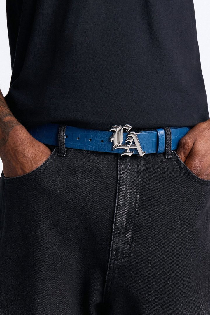 LA Embossed Faux Leather Belt - Navy/combo