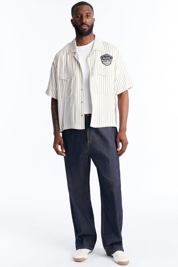 Von Dutch Embroidery Patch Short Sleeve Button Up Shirt - Cream