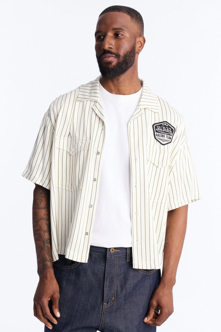 Von Dutch Embroidery Patch Short Sleeve Button Up Shirt - Cream