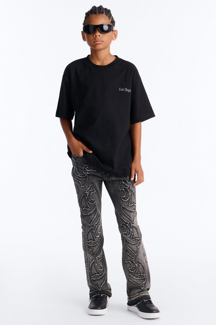 Mini Stacked Skinny Flare Paisley Patch Jean - Grey