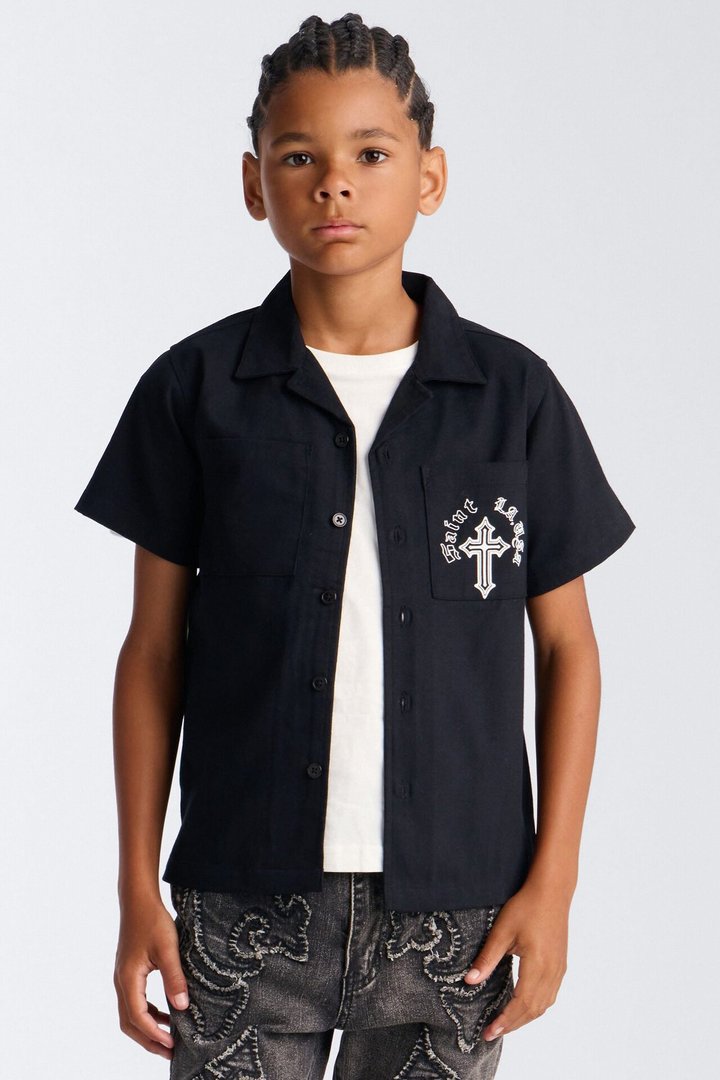 Mini Saint Life Short Sleeve Button Down Shirt - Black