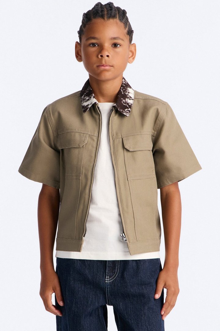 Mini Canon Contrast Collar Zip Up Shirt - Taupe