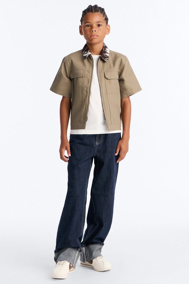 Mini Canon Contrast Collar Zip Up Shirt - Taupe