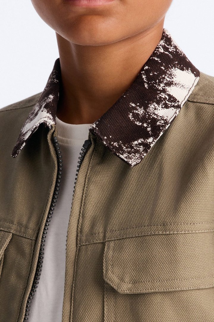Mini Canon Contrast Collar Zip Up Shirt - Taupe
