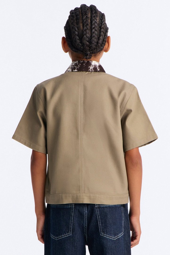 Mini Canon Contrast Collar Zip Up Shirt - Taupe