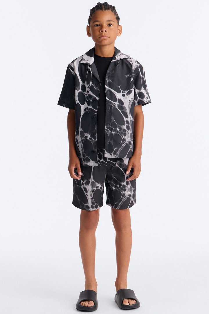 Mini Aqua Drip Cuban Collar Button Up Shirt - Black