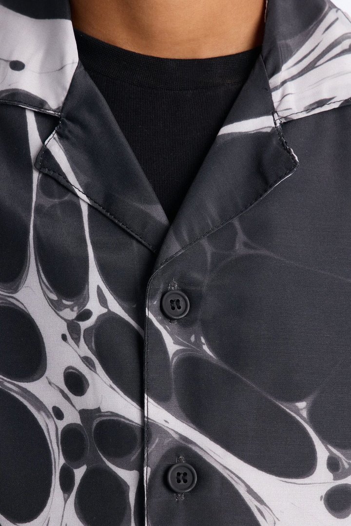 Mini Aqua Drip Cuban Collar Button Up Shirt - Black