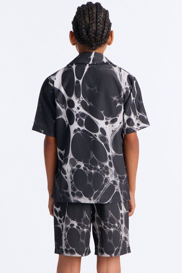 Mini Aqua Drip Cuban Collar Button Up Shirt - Black