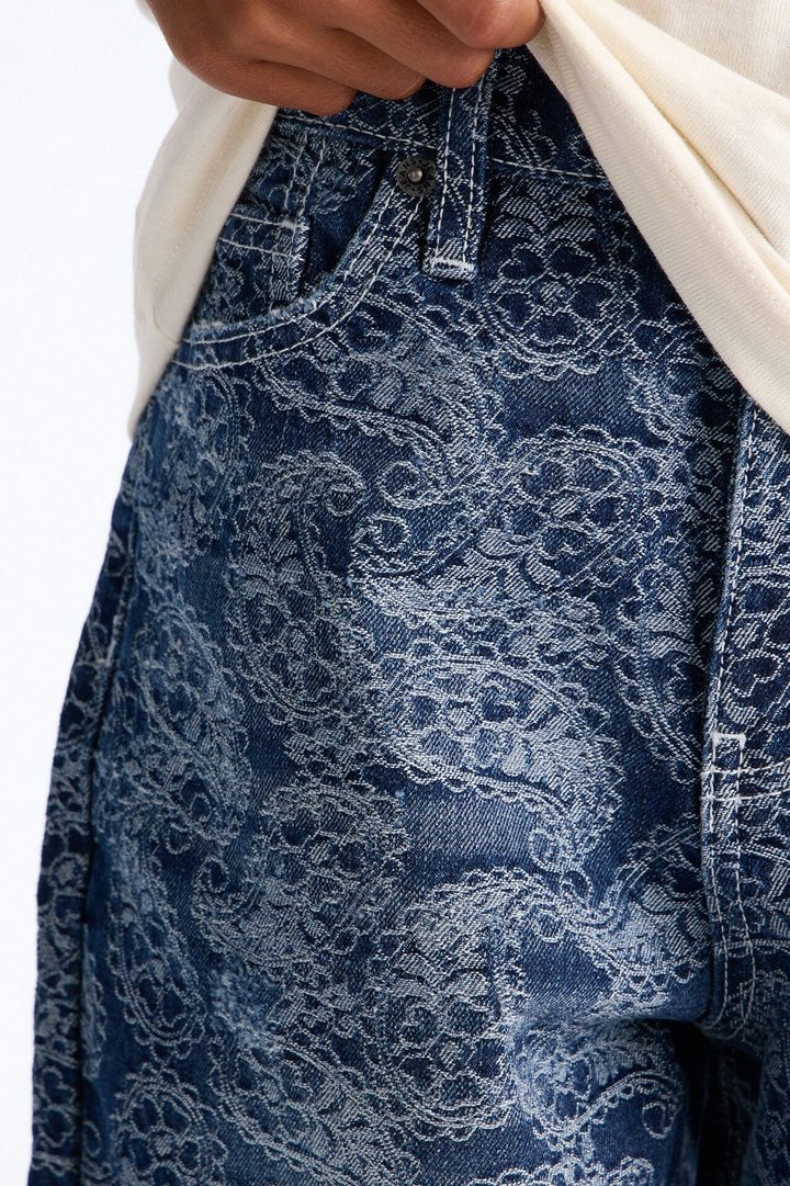 Mini Baggy Paisley Jacquard Denim Short - Dark Wash