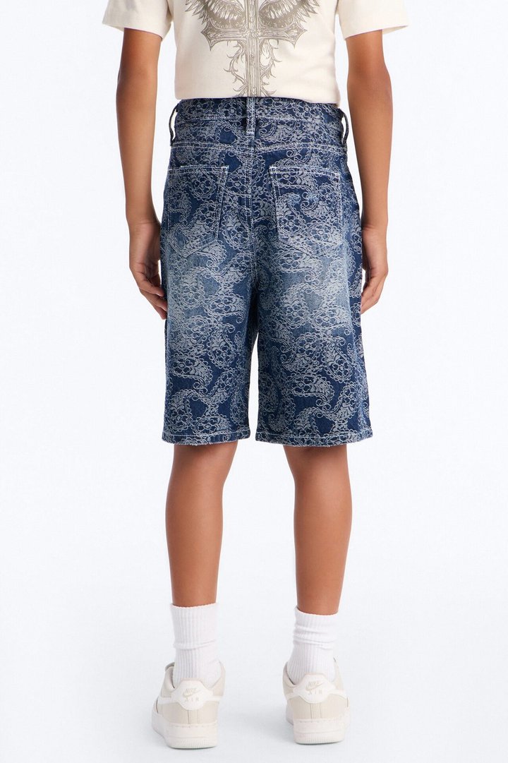 Mini Baggy Paisley Jacquard Denim Short - Dark Wash