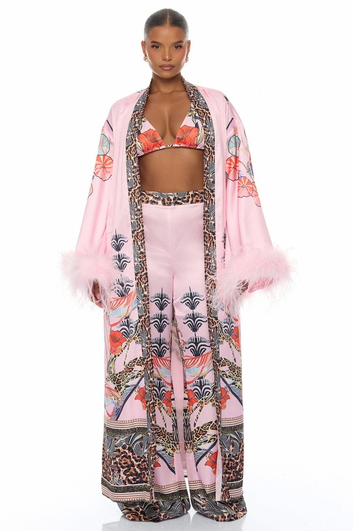 Luxe Lifestyle Feathered 3 Piece Satin Pant Set - Pink/combo