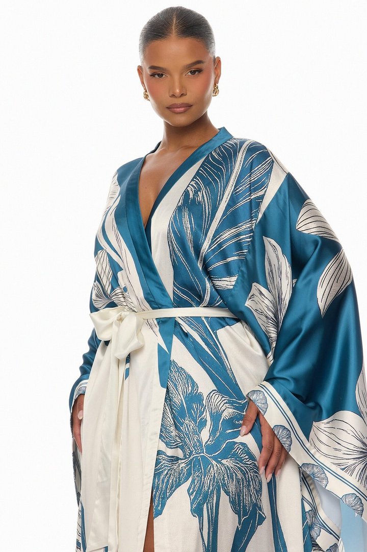 Junie Bell Sleeve Satin Kimono - Teal/combo