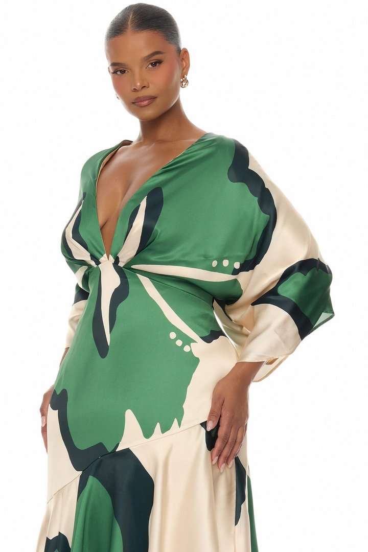 Veronika Short Sleeve Satin Maxi Dress - Green/combo