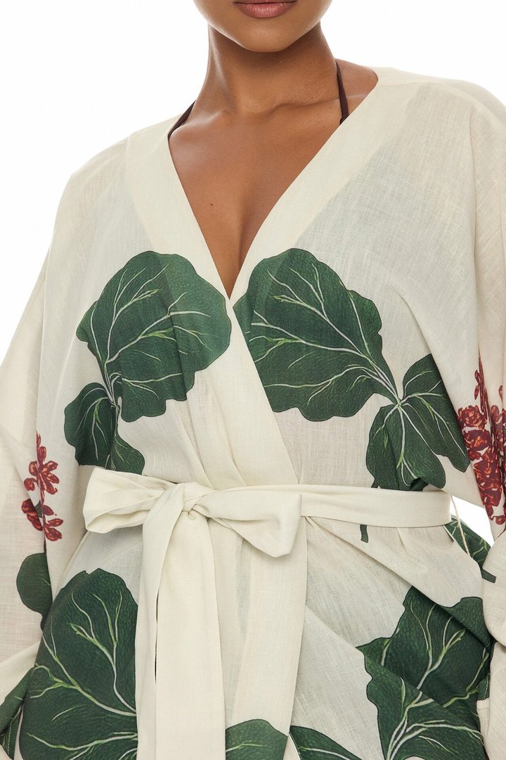 Tropic Getaway Linen Kimono - Ivory/combo