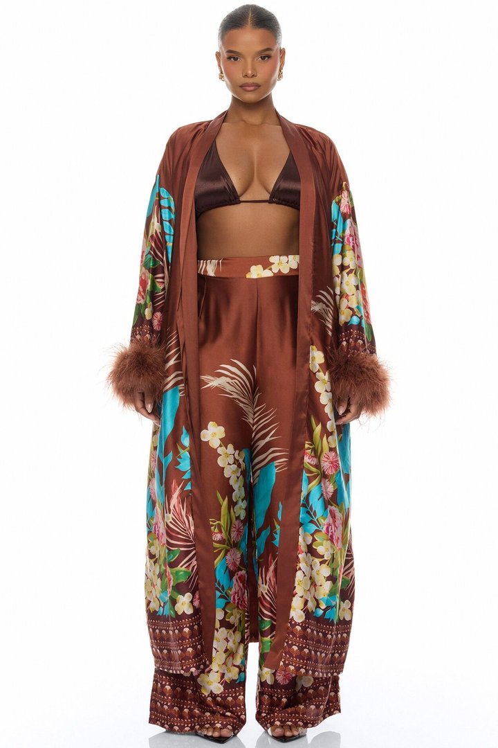Kassidy Feathered Satin Pant 2 Piece Set - Brown