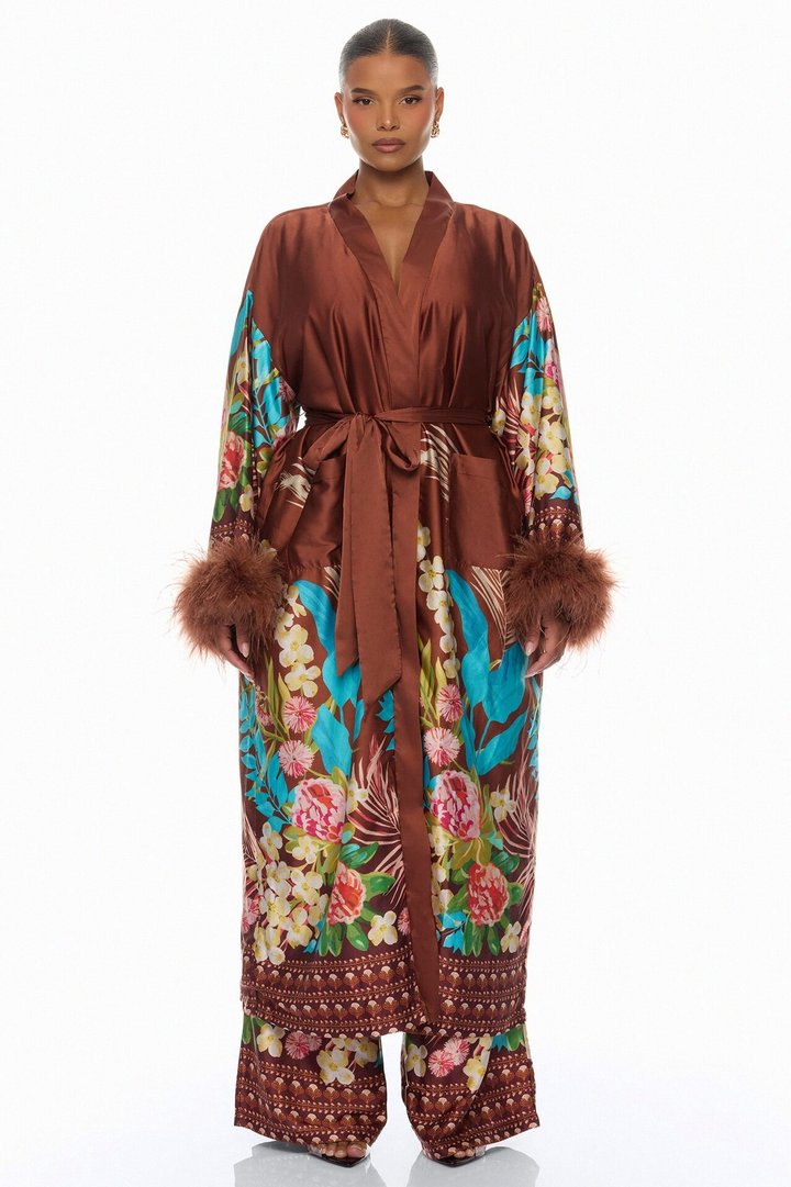 Kassidy Feathered Satin Pant 2 Piece Set - Brown