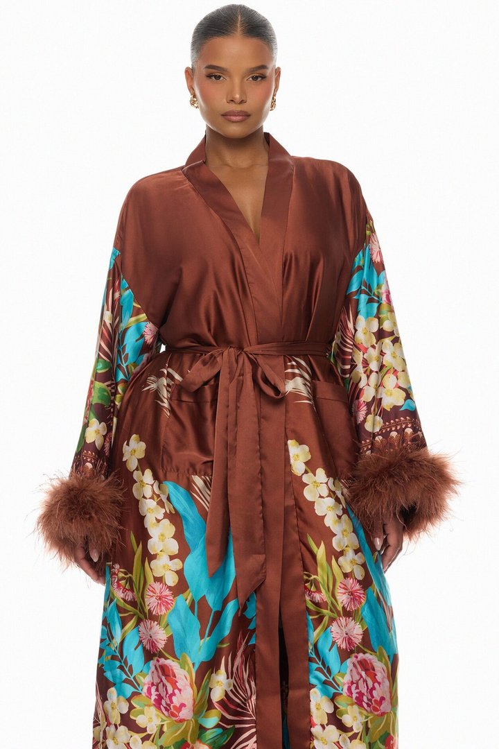 Kassidy Feathered Satin Pant 2 Piece Set - Brown