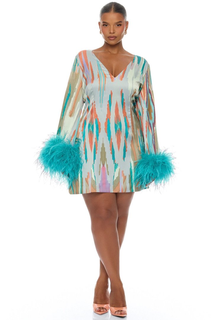 Daydreaming Feathered Satin Mini Dress - Turquoise/combo