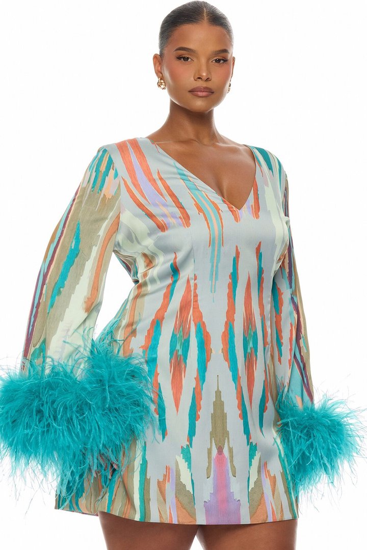 Daydreaming Feathered Satin Mini Dress - Turquoise/combo