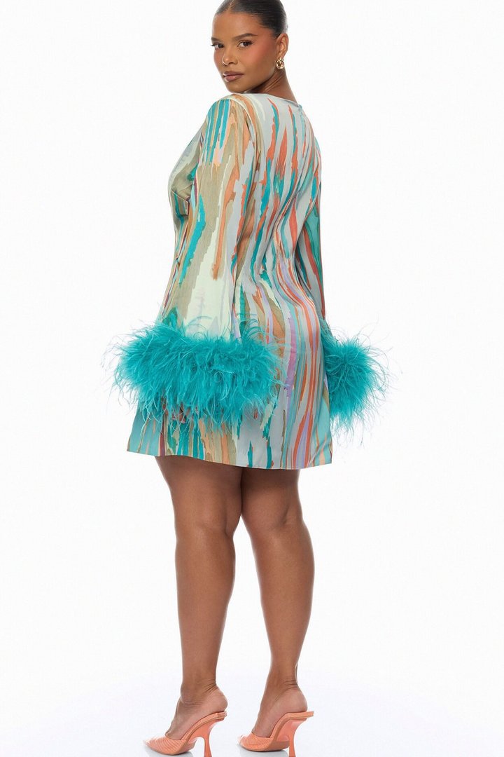 Daydreaming Feathered Satin Mini Dress - Turquoise/combo
