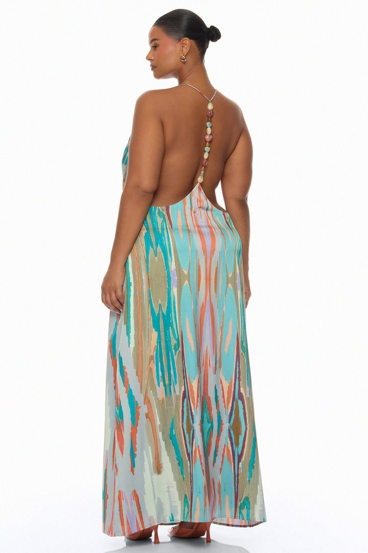 Daydreaming Backless Satin Maxi Dress - Turquoise/combo