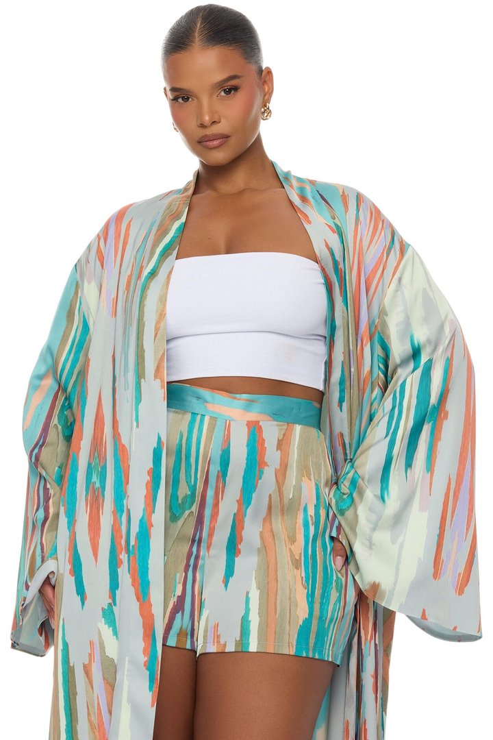 Daydreaming Satin Kimono Short Set - Turquoise/combo