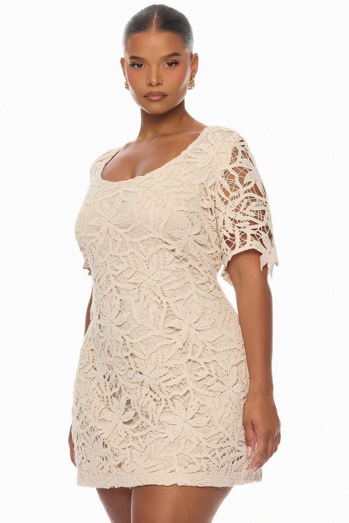 Liliana Short Sleeve Crochet Mini Dress - Sand