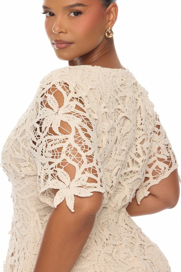 Liliana Short Sleeve Crochet Mini Dress - Sand