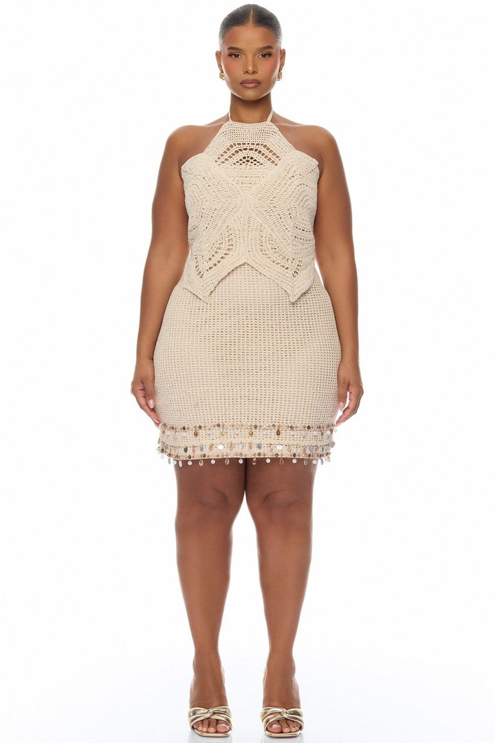 Coastal Sands Crochet Mini Dress - Sand
